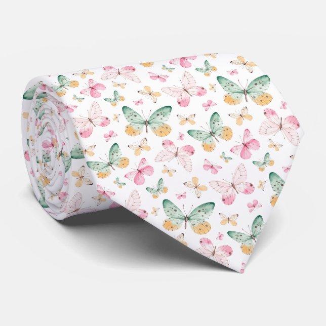 Watercolor Butterflies Pattern Tie (Rolled)