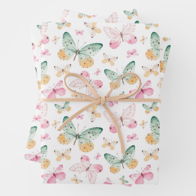 Watercolor Butterflies Pattern Wrapping Paper Sheet (In situ)