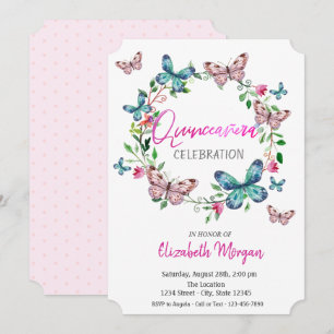 Watercolor Butterflies Pink Dots Quinceanera Invitation