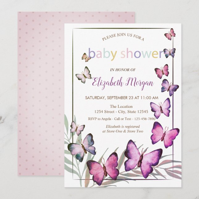 Watercolor Butterflies Polka Dots Baby Shower  Invitation (Front/Back)
