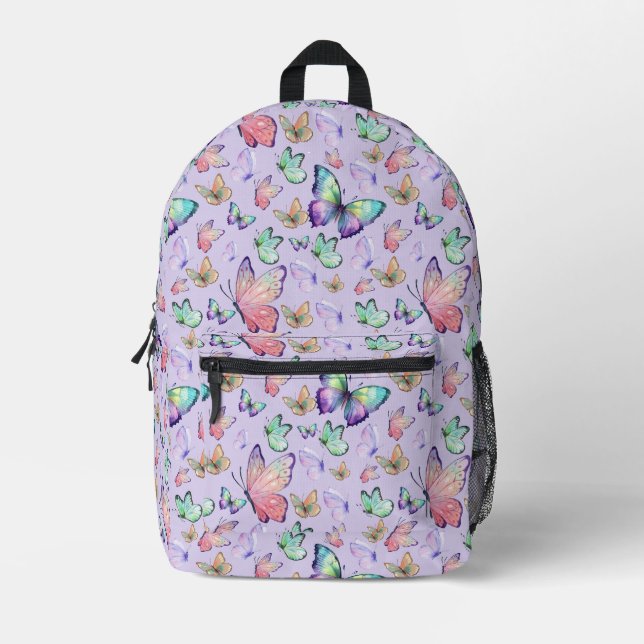 Watercolor Butterflies Seamless Pattern Purple Printed Backpack (Front)