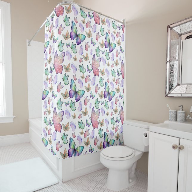 Watercolor Butterflies Seamless Pattern Shower Curtain (In Situ)