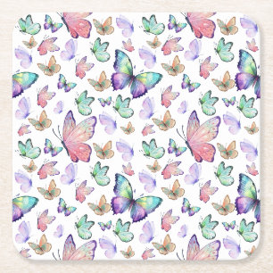 Watercolor Butterflies Seamless Pattern Square Paper Coaster