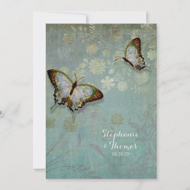 Watercolor Butterflies w Modern Floral Wedding Invitation (Front)