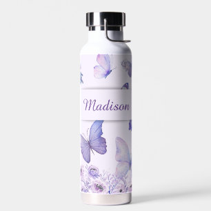 Watercolor Butterflies Wildflowers Garden Lilac Water Bottle