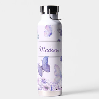 Watercolor Butterflies Wildflowers Garden Lilac Water Bottle