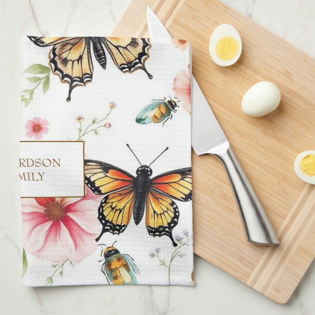 Watercolor butterflies windflowers monogram name tea towel (Quarter Fold)
