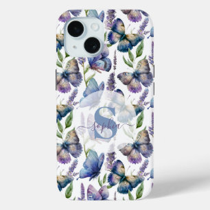 Watercolor Butterflies Wisteria Flower Monogrammed iPhone 15 Case