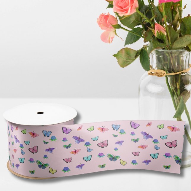 Watercolor Butterflies With Hydrangeas Satin Ribbon (Creator Uploaded)