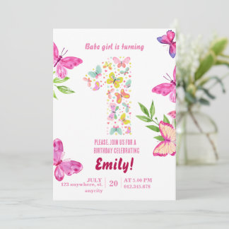 Watercolor Butterfly 1st birthday invitation 