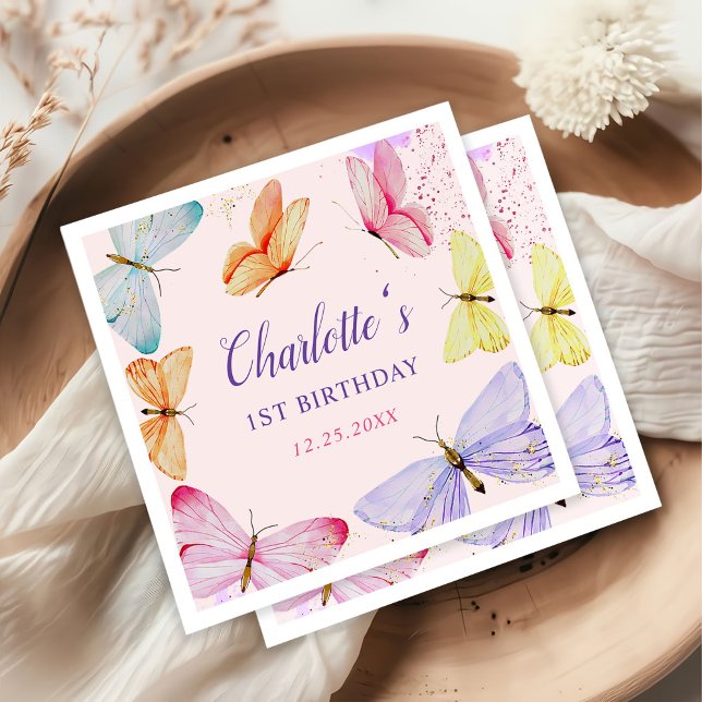 Watercolor Butterfly 1st Birthday Napkin (Creator Uploaded)