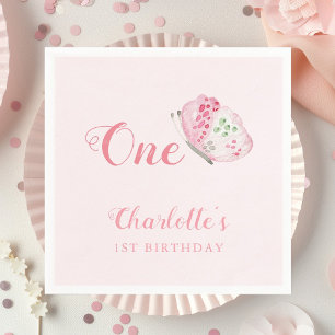 Watercolor Butterfly 1st Birthday Party Pink Napkin