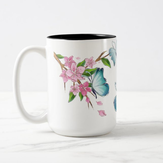 Watercolor Butterfly and Blossoms Two-Tone Coffee Mug (Left)
