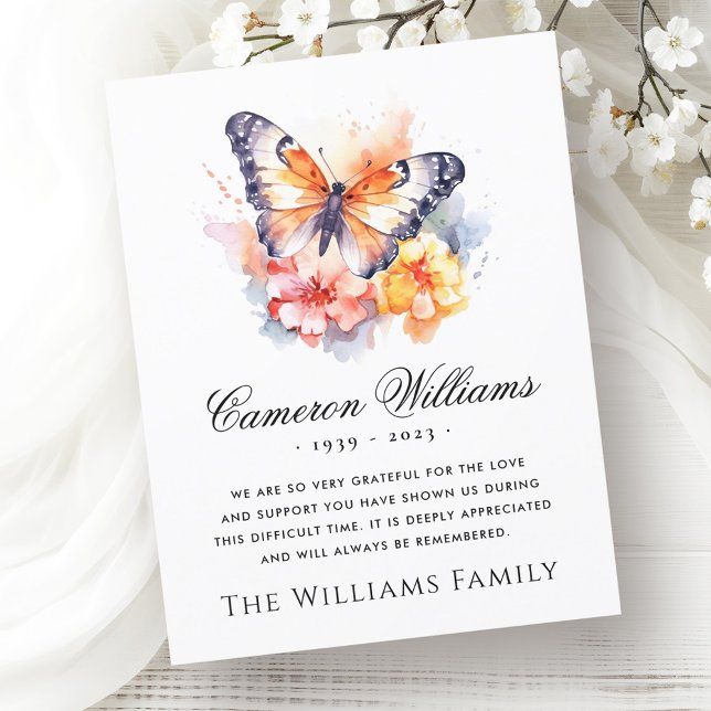 Watercolor butterfly and flowers funeral sympathy thank you card (Watercolor butterfly and flowers funeral sympathy thank you card)