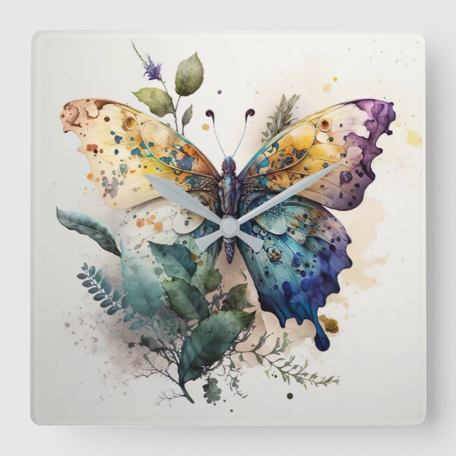 Watercolor Butterfly and Foliage Square Wall Clock (Front)