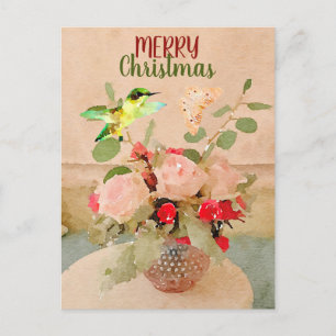 Watercolor Butterfly and Hummingbird Christmas Holiday Postcard