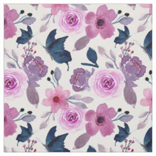 Watercolor butterfly and pink flowers fabric