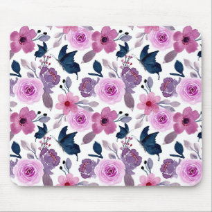 Watercolor butterfly and pink flowers mouse mat