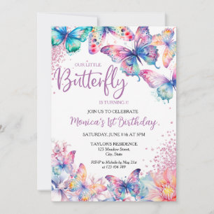 Watercolor Butterfly Baby Girl's 1st Birthday  Invitation