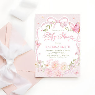 Watercolor Butterfly Baby Shower Girl Pink Flower Invitation
