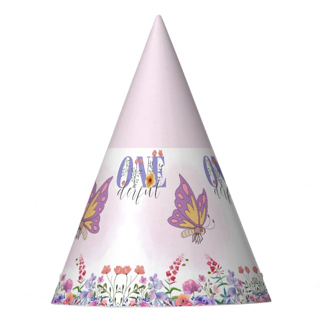 Watercolor Butterfly & Bees Purple Wildflower Party Hat (Front)