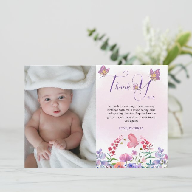 Watercolor Butterfly & Bees Purple Wildflower  Thank You Card (Standing Front)