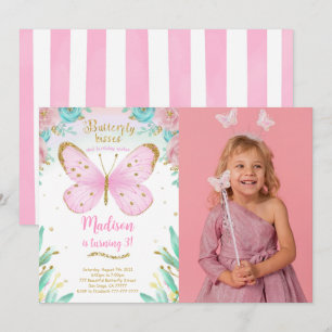 Watercolor Butterfly Birthday Photo Invitation