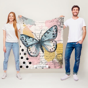Watercolor Butterfly Blue Boho Nature Art Fleece Blanket