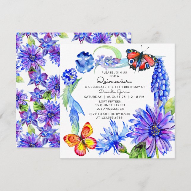 Watercolor Butterfly Blue Floral Chic Quinceañera Invitation (Front/Back)