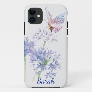 Watercolor Butterfly Blue Flowers Custom Name iPhone 11 Case