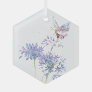 Watercolor Butterfly Blue Garden Flower Glass Tree Decoration