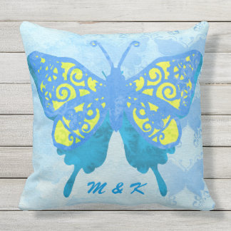 Watercolor Butterfly Blue Yellow Vintage Handpaint Cushion