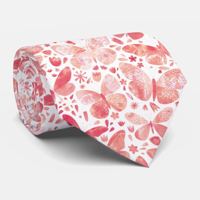 Watercolor Butterfly Coral Pink Neck Tie (Rolled)