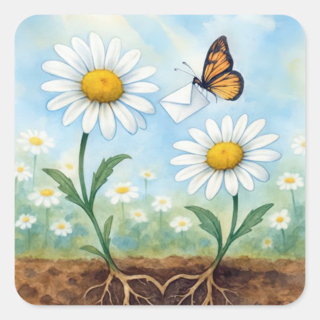 Watercolor Butterfly Delivering Mail to a Daisy Square Sticker (Front)