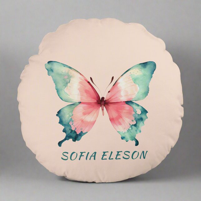 Watercolor Butterfly Elegant Blush Pink Name Round Cushion (Creator Uploaded)