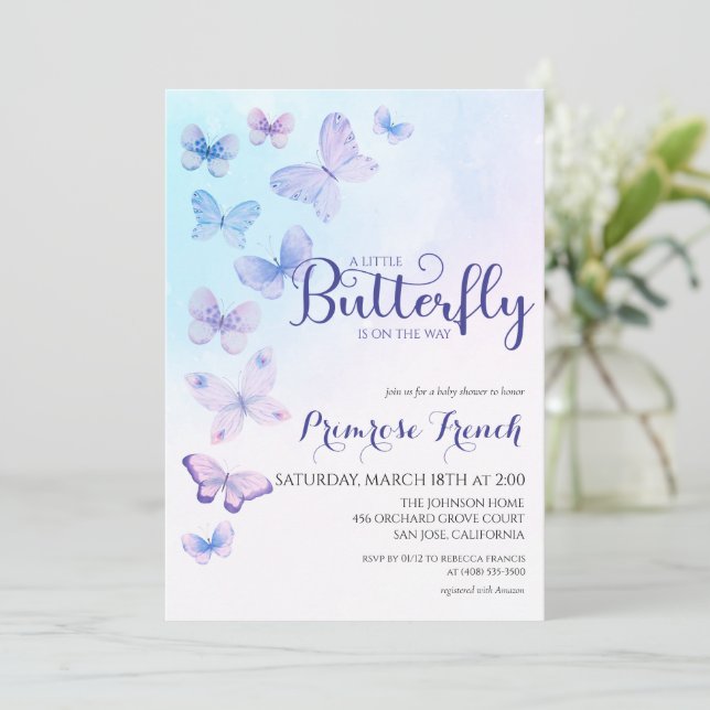 Watercolor Butterfly Elegant Script Baby Shower In Invitation (Standing Front)
