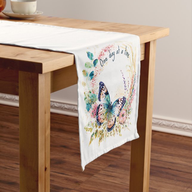 Watercolor butterfly floral custom short table runner (In Situ)