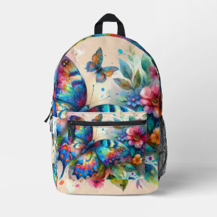 Watercolor Butterfly Floral Flower Blue Pink Printed Backpack
