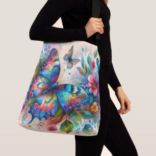 Watercolor Butterfly Floral Flowers Blue Pink Crossbody Bag
