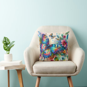 Watercolor Butterfly Floral Flowers Blue Pink Cushion