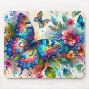 Watercolor Butterfly Floral Flowers Blue Pink Mouse Mat