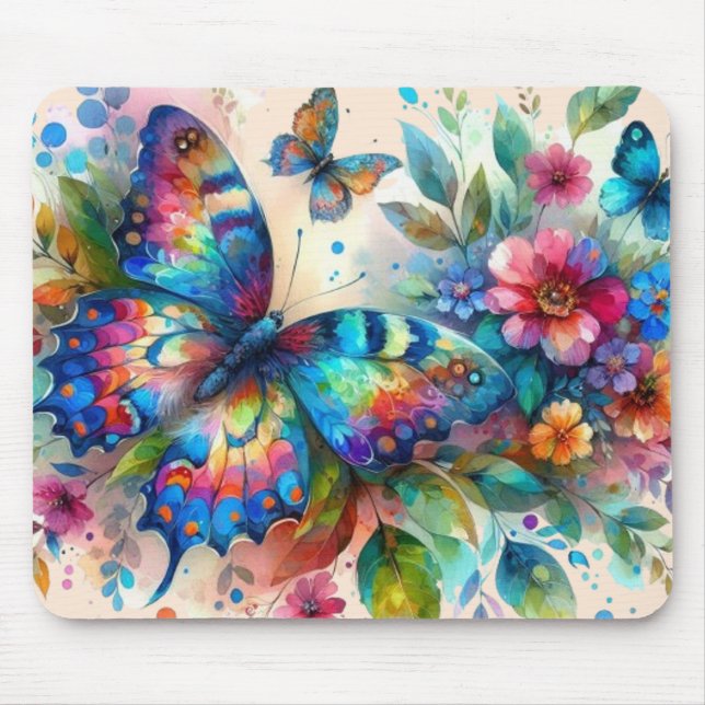 Watercolor Butterfly Floral Flowers Blue Pink Mouse Mat (Front)