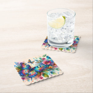 Watercolor Butterfly Floral Flowers Blue Pink Paper Coaster