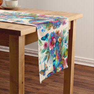 Watercolor Butterfly Floral Flowers Blue Pink Short Table Runner
