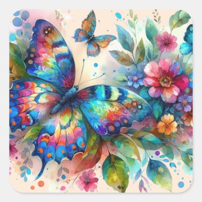Watercolor Butterfly Floral Flowers Blue Pink Square Sticker (Front)