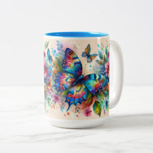 Watercolor Butterfly Floral Flowers Blue Pink Two-Tone Coffee Mug