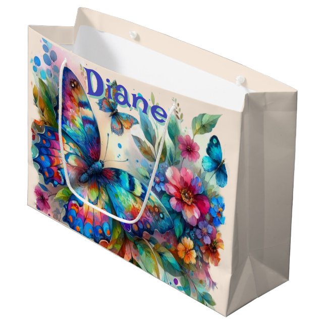 Watercolor Butterfly Floral Garden Personalised Large Gift Bag (Front Angled)