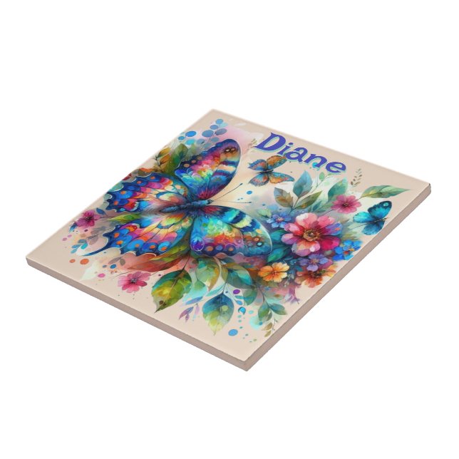 Watercolor Butterfly Floral Garden Personalised Tile (Side)