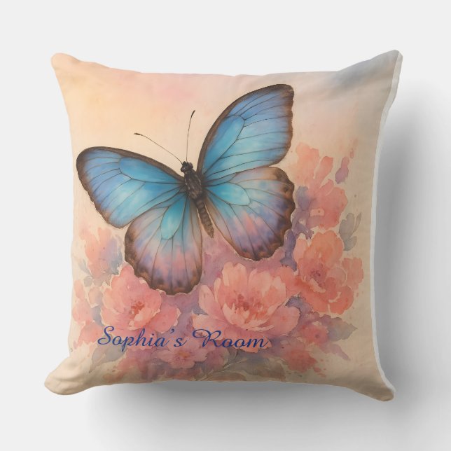 Watercolor Butterfly Garden Pink Floral Art Design Cushion (Front)