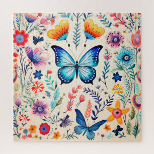Watercolor Butterfly Garden Whimsical Floral Jigsaw Puzzle